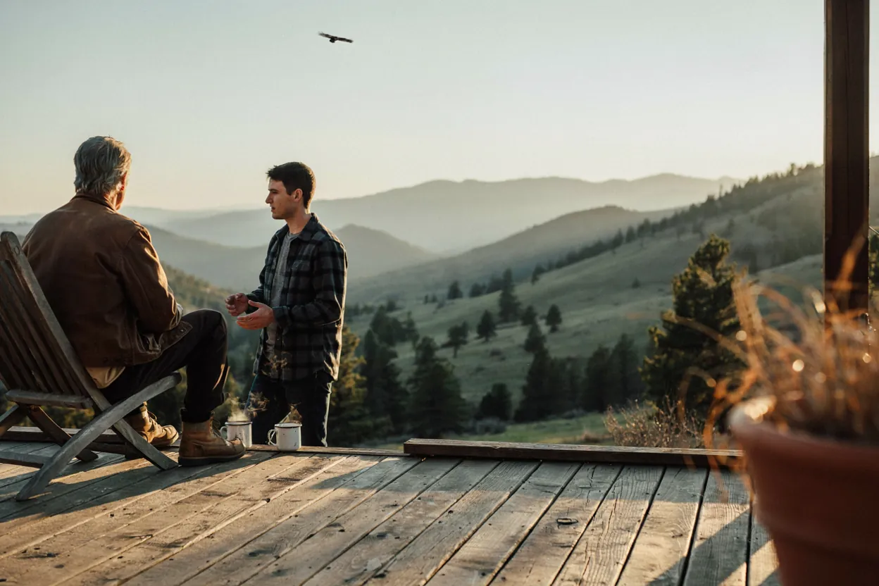 Two men in conversation on a porch overlooking the Colorado foothills.